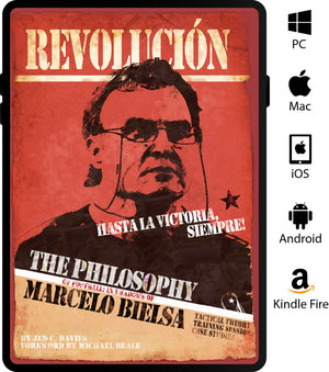 A SoccerTutor eBook cover features a bold red and beige Marcelo Bielsa portrait with the title The Football Philosophy In Shadows of Marcelo Bielsa. Availability on PC, Mac, iOS, Android & Kindle Fire is limited.
