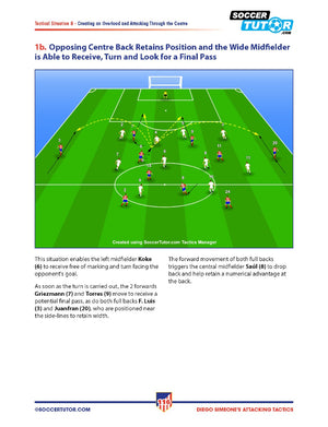 The "Diego Simeone Attacking Tactics - Tactical Analysis and Sessions from Atlético Madrid’s 4-4-2" by SoccerTutor features detailed soccer diagrams highlighting player positions, movements, and tactics, with explanatory text on a blue and white background.