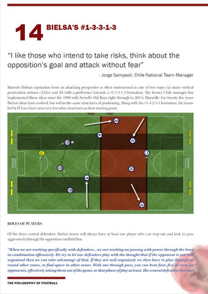 The Football Philosophy In Shadows of Marcelo Bielsa eBook by SoccerTutor features tactical football diagrams illustrating Bielsa’s 1-3-3-3 system, showing annotated player positions and passing lanes for advanced coaching insights.