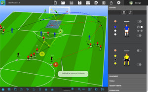 SoccerTutor’s Tactics Manager Pro app displays drills with player roles, cones, ball movement arrows, and notes like "2nd ball as soon as 8 shoots," making session planning easy and helping coaches create tactics.