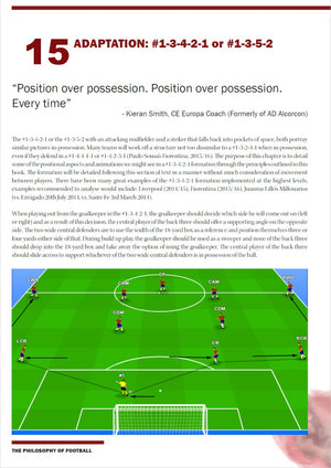 A page from SoccerTutors The Football Philosophy In Shadows of Marcelo Bielsa eBook stresses adapting with 1-3-4-2-1 or 1-3-5-2, the idea of “position over possession,” team shape, distribution tips, and a formation diagram.