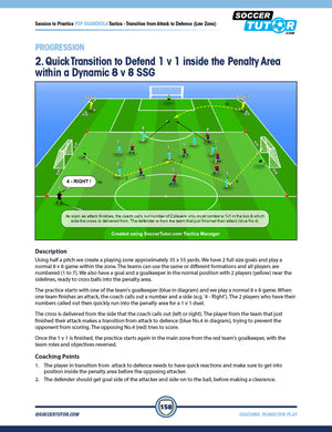 Coaching Transition Play features tactical diagrams, coach defending 1v1 in the penalty area with progression exercises.