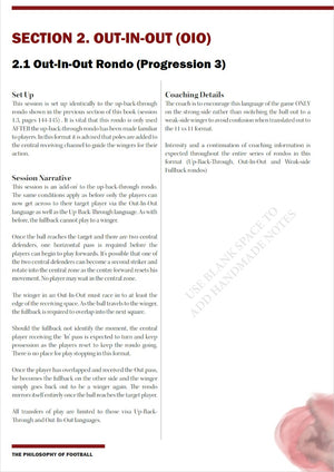 A page from SoccerTutors “The Football Philosophy In Shadows of Marcelo Bielsa” eBook features the “2.1 Out-In-Out Rondo” drill, setup, and coaching tips, with a red header and watermark background.