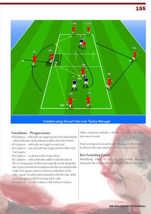 A tactics diagram from SoccerTutor’s The Football Philosophy In Shadows of Marcelo Bielsa eBook shows player positions, movements, passing routes, and explains drill variations and key learning points.