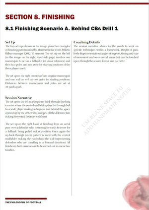 A page from SoccerTutors The Football Philosophy In Shadows of Marcelo Bielsa eBook titled 8.1 Finishing Scenario A: Behind CBs Drill 1 includes setup, coaching details, session narrative, and has decorative background text—potential SEO keywords available.