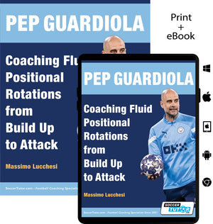 Book cover for Pep Guardiola - Coaching Fluid Positional Rotations from Build Up to Attack by SoccerTutor, showing Pep Guardiola with a soccer ball. Print and eBook edition icons appear on the right.