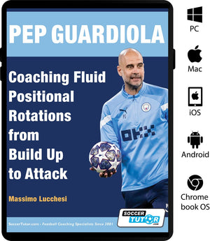 The book Pep Guardiola – Coaching Fluid Positional Rotations from Build Up to Attack by SoccerTutor features tactical insights on dynamic soccer rotations and includes the SoccerTutor.com logo plus device icons for multi-platform access.