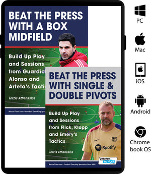 A tablet displays the covers of SoccerTutor's Beat the Press – Build Up Play with Box Midfield & Pivots (2-Book Bundle), featuring soccer coaching insights on box midfields and pivots. Only the ebook covers are shown; no product description is provided.