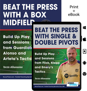 The "Beat the Press – Build Up Play with Box Midfield & Pivots" 2-book bundle by SoccerTutor features tactical diagrams to help coaches master press-breaking strategies.