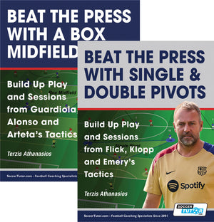 The SoccerTutor Beat the Press – Build Up Play with Box Midfield & Pivots (2-Book Bundle) features two soccer coaching books with yellow jersey cover art, titled "Box Midfield" and "Single & Double Pivots.
