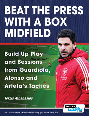 The SoccerTutor book Beat the Press With a Box Midfield - Build Up Play and Sessions from Guardiola, Alonso and Artetas Tactics features Arsenal imagery, soccer field graphics, and expert analysis on modern football strategies.
