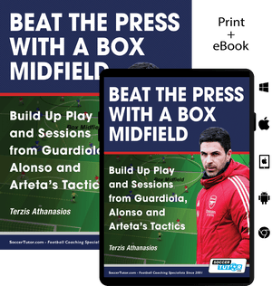 SoccerTutor’s Beat the Press With a Box Midfield covers build-up play and sessions inspired by Guardiola, Alonso and Arteta. Features a football coach in red—ideal for fans of modern tactical strategy. Book and tablet cover included.