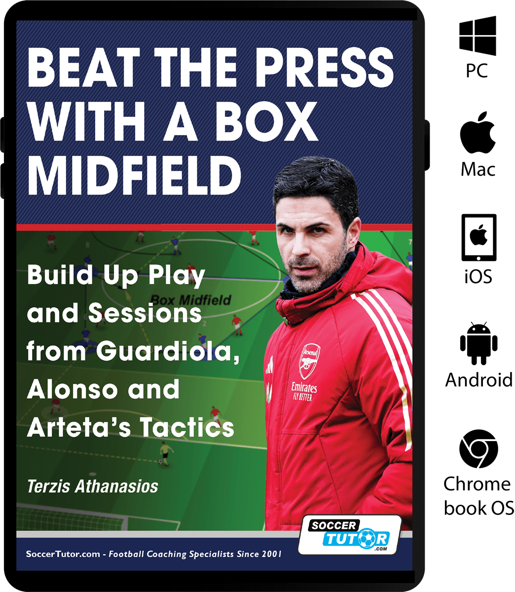 Book cover for "Beat the Press With a Box Midfield - Build Up Play and Sessions from Guardiola, Alonso and Arteta's Tactics" by SoccerTutor, featuring a soccer coach, bold title text, and icons showing device compatibility.