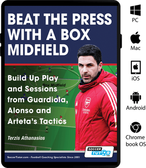Book cover for "Beat the Press With a Box Midfield - Build Up Play and Sessions from Guardiola, Alonso and Arteta's Tactics" by SoccerTutor, featuring a soccer coach, bold title text, and icons showing device compatibility.