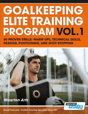 A male soccer goalkeeper in black stands before a goal, holding a white glove to his head. The cover reads: “Goalkeeping Elite Training Program: 60 Proven Drills (Vol.1)” by SoccerTutor with training details.