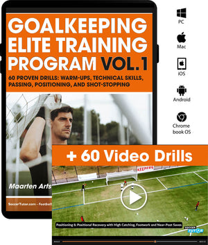 A tablet showcases the SoccerTutor "Goalkeeping Elite Training Program: 60 Proven Drills (Vol.1)" cover, with a goalkeeper in action, a soccer drill screenshot, "+60 Video Drills" text, and device compatibility icons for easy access.
