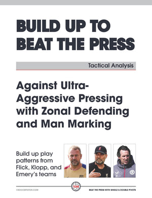 The SoccerTutor book "Beat the Press With Single & Double Pivots – Build Up Play and Sessions from Flick, Klopp and Emery's Tactics" covers ultra-aggressive pressing, zonal defending, man marking, play patterns, and features three coaches on the cover.