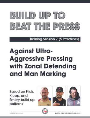 Cover of "Beat the Press With Single & Double Pivots" by SoccerTutor—soccer training guide with build-up play sessions inspired by Flick, Klopp, and Emery’s tactics; includes photos of three coaches.