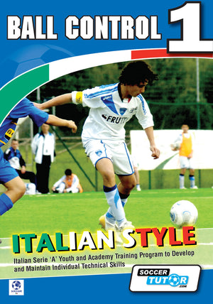 A soccer player in a white and blue kit kicks a ball on a grassy field, featured on the cover of SoccerTutor's "Ball Control 1 - Italian Style Youth and Academy Training Program - 60 Exercises." Other players and a coach are seen in the background.