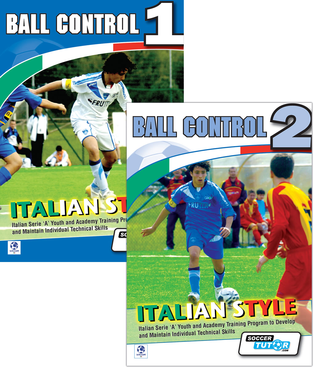 The SoccerTutor "Ball Control Vol. 1 and 2 Bundle - Italian Style Academy Technical Skills Training Program - 102 Exercises" features covers with youth players in action, showcasing technical skills training in the Italian style.