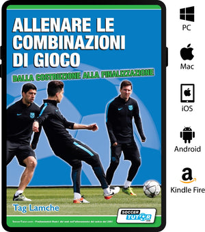 Cover of SoccerTutor’s book "ALLENARE LE COMBINAZIONI DI GIOCO: dalla costruzione alla finalizzazione" by Tag Lamche, showing three coaches in tracksuits on a soccer field. Icons for PC, Mac, iOS, Android, and Kindle Fire are shown on the right.