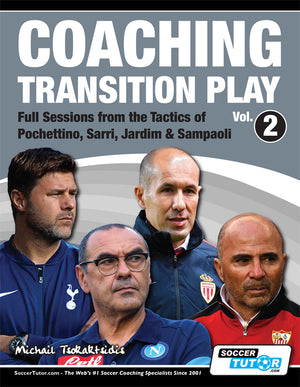 Book cover for Coaching Transition Play Vol. 2 Full Sessions from the Tactics of Pochettino, Sarri, Jardim & Sampaoli features photos of all four managers and full session details. SoccerTutor branding is shown at the bottom.