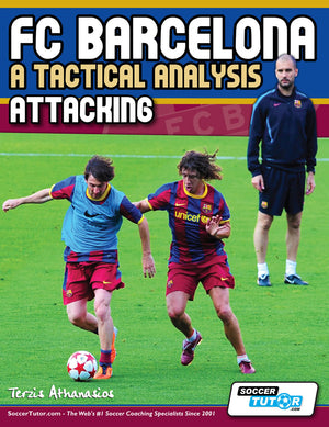 Two FC Barcelona players train as a coach observes, featured on SoccerTutor’s book cover: "FC Barcelona: A Tactical Analysis - Attacking," which explores elite practice and attacking strategies.