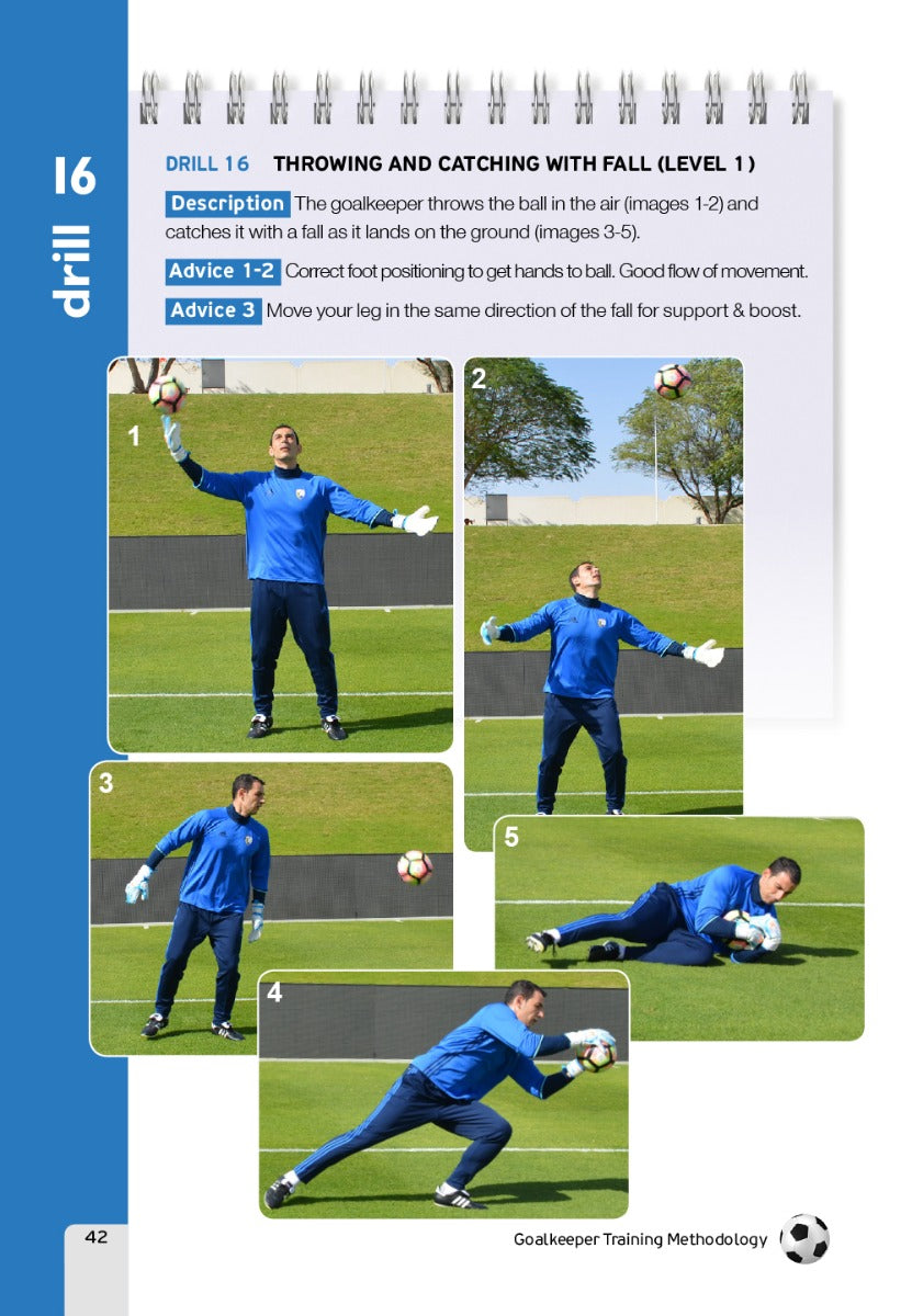 Using SoccerTutors Goalkeeper Training Methodology, a goalkeeper practices throwing a ball upward, catching it while descending, and landing on the grass—demonstrating essential movements in specialized training drills.
