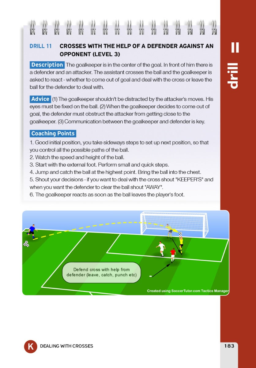 The Goalkeeper Training Methodology by SoccerTutor offers a Level 3 guide on Crosses with the Help of a Defender Against an Opponent, featuring expert exercises, coaching tips, and diagrams showing a goalie getting ready for crosses.
