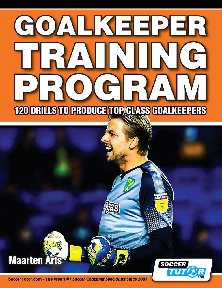 A male soccer goalkeeper in blue and black stands on the field with gloves and a ball. The cover features SoccerTutors Goalkeeper Training Program - 120 Drills to Produce Top Class Goalkeepers.