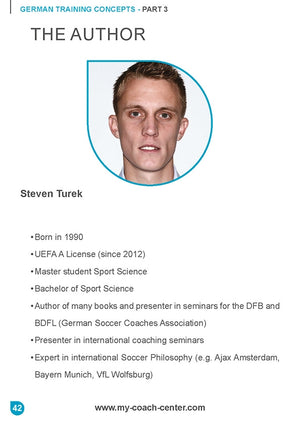 Headshot of a man with short hair above text listing Steven Turek’s credentials and expertise in sport science and soccer coaching, alongside the SoccerTutor product "German Training Concepts - Think, Run & Play Vertically." Website appears at the bottom.