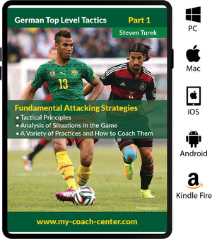 The digital book cover for SoccerTutor’s German Top Level Tactics - Fundamental Attacking Strategies shows players in Germany and Cameroon kits vying for the ball, with highlighted text on German tactics and full device compatibility.