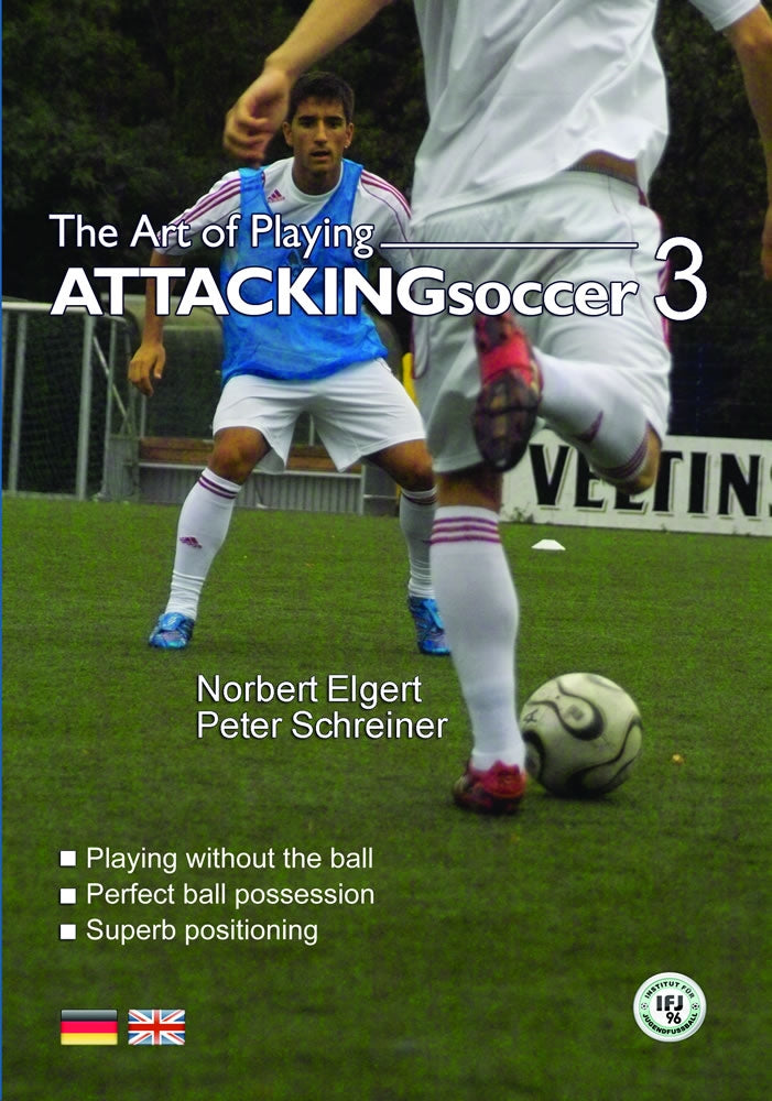 A soccer player in blue, inspired by FC Schalke 04, gets ready to receive a pass from a teammate on green grass. The SoccerTutor book cover reads: The Art of Playing Attacking Soccer Part 3 - German Academy Coaching.