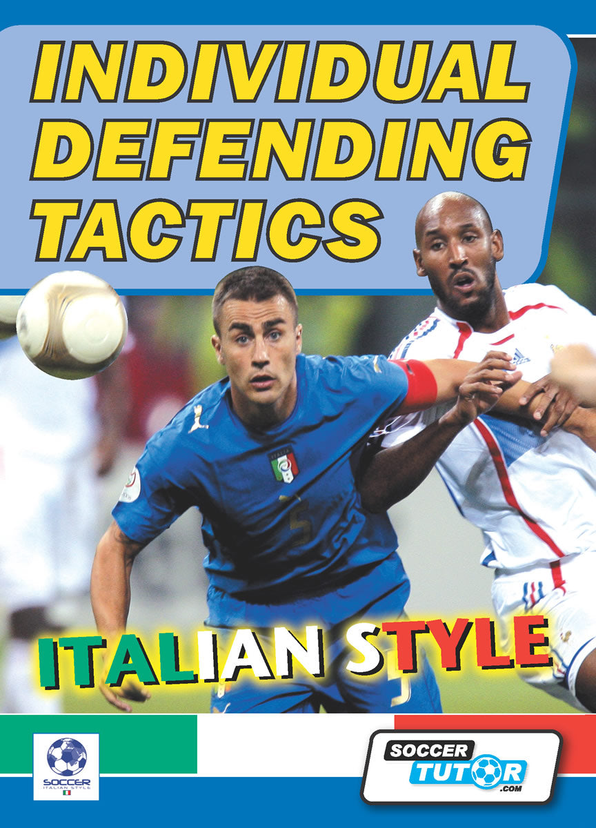 Two soccer players compete—one in a blue Italy jersey showcasing defending, the other in white. Text: "Individual Defending Tactics - Soccer Italian Style Academy Training Program by SoccerTutor.