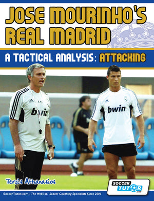 Two men in Real Madrid training gear stand on a football pitch, one holding a notepad. The cover reads "Jose Mourinho's Real Madrid: A Tactical Analysis - Attacking in the 4-2-3-1" from SoccerTutor.