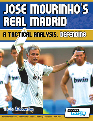Cover of Jose Mourinhos Real Madrid: A Tactical Analysis - Defending in the 4-2-3-1 by SoccerTutor, showing Mourinho in Real Madrid gear with a clipboard, gesturing as players look on—ideal for tactical analysis fans.
