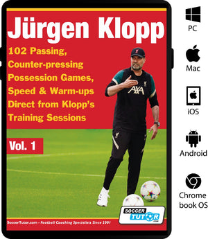 Cover image of Jurgen Klopp - 102 Passing, Counter-pressing Possession Games, Speed & Warm-ups Direct from Klopps Training Sessions - Vol.1 by SoccerTutor, showing Klopp on a soccer field with balls and training highlights.