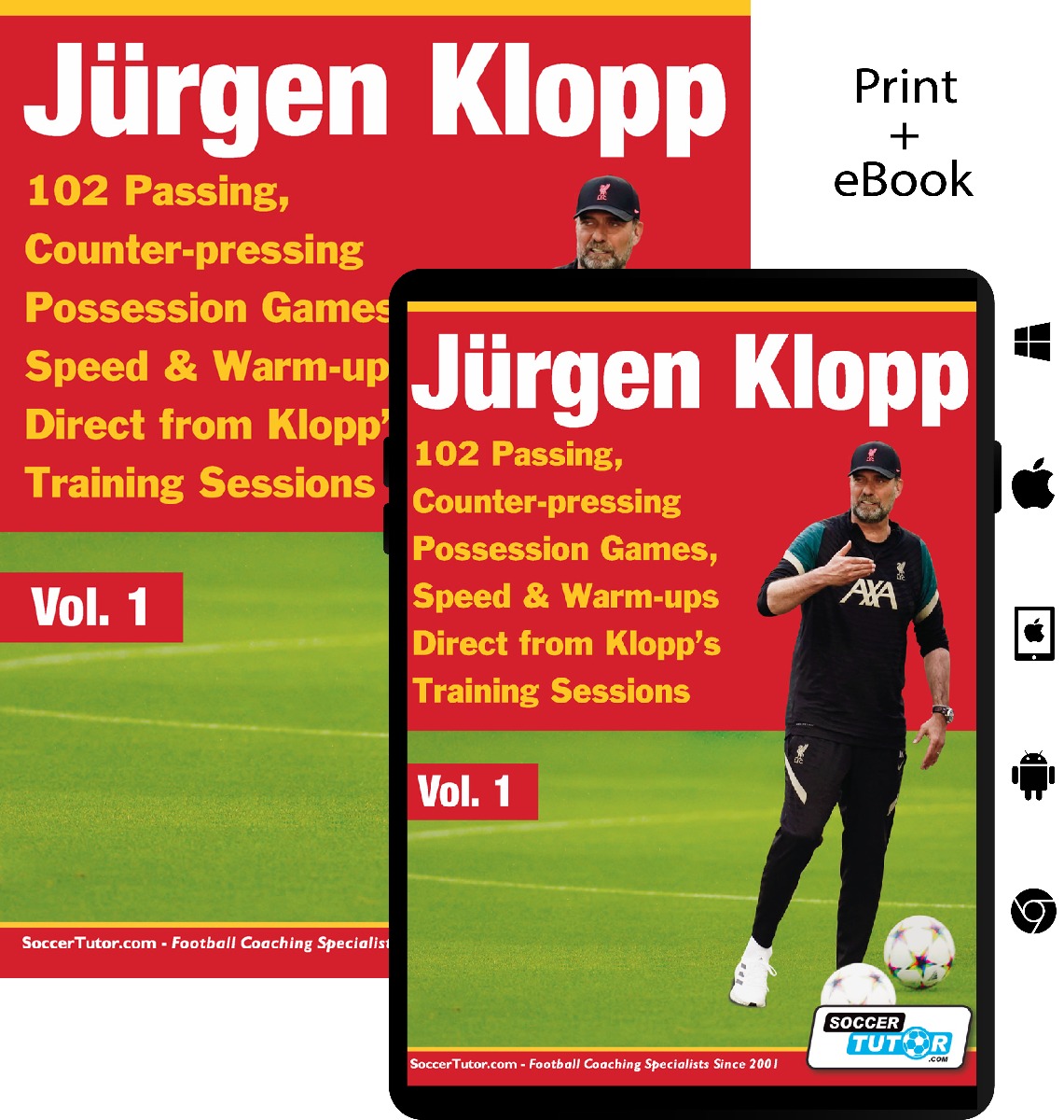 SoccerTutor’s “Jurgen Klopp – 102 Passing, Counter-pressing Possession Games, Speed & Warm-ups Direct from Klopps Training Sessions – Vol.1” cover shows Klopp on a soccer field. Includes print + eBook; topics: passing, tactics, warm-ups, training sessions.