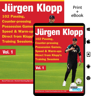 SoccerTutor’s “Jurgen Klopp – 102 Passing, Counter-pressing Possession Games, Speed & Warm-ups Direct from Klopps Training Sessions – Vol.1” cover shows Klopp on a soccer field. Includes print + eBook; topics: passing, tactics, warm-ups, training sessions.