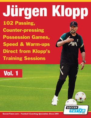 SoccerTutor’s Jurgen Klopp - 102 Passing, Counter-pressing Possession Games, Speed & Warm-ups Vol.1 book cover features Klopp in Liverpool gear on the field with soccer balls, highlighting training ideas from his sessions.
