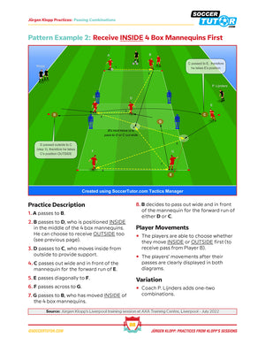 Jurgen Klopp-inspired drill from SoccerTutors 102 Passing, Counter-pressing Possession Games shows player positions, cones, mannequins, and arrows for passing/movement. Text details game sequence and counter-pressing drill instructions.