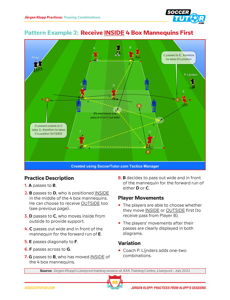 Jurgen Klopp-inspired drill from SoccerTutors 102 Passing, Counter-pressing Possession Games shows player positions, cones, mannequins, and arrows for passing/movement. Text details game sequence and counter-pressing drill instructions.