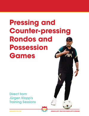 A man in a dark sports kit stands on a soccer field with a ball. Bold red text: Jurgen Klopp – 102 Passing, Counter-pressing Possession Games, Speed & Warm-ups Vol.1 by SoccerTutor, featuring drills from Klopp’s training sessions.