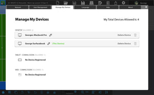 A screen shows the device management page for SoccerTutor’s Tactics Manager Pro app, listing two registered desktops (MacBook Pro, Surface Book), no tablets or web devices, and a four-device limit.