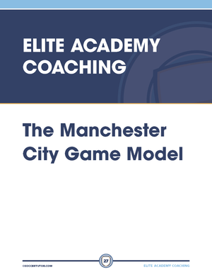 Cover page of "Elite Academy Coaching - The Secrets Behind the Development Program for Pep Guardiola's Methodology," featuring a blue and white design with the SoccerTutor logo at the bottom.