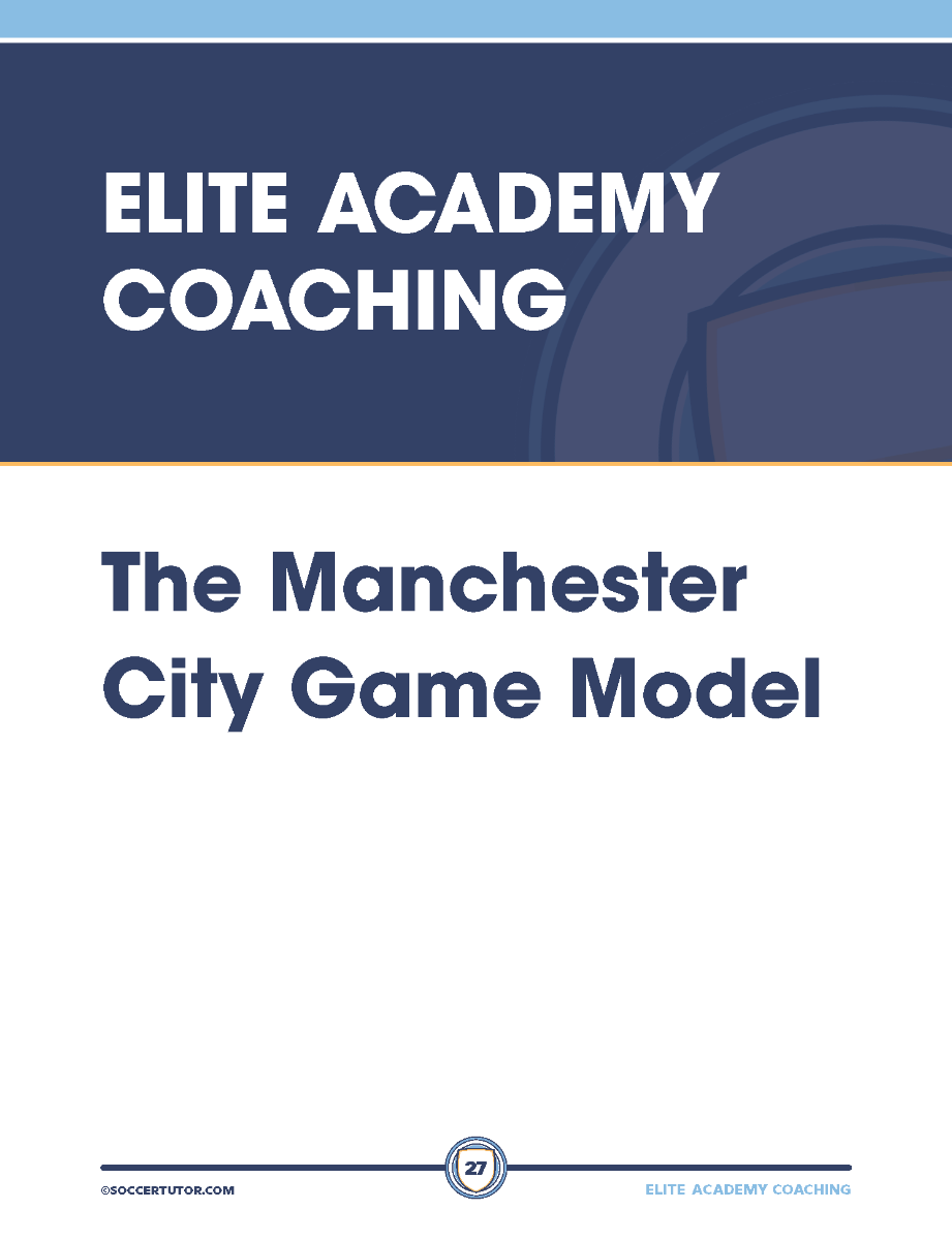 Cover page of "Elite Academy Coaching - The Secrets Behind the Development Program for Pep Guardiola's Methodology," featuring a blue and white design with the SoccerTutor logo at the bottom.