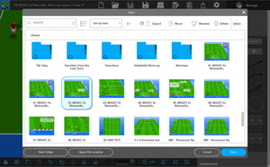 A computer screen displays SoccerTutor's Tactics Manager Pro with a file explorer open to a folder of soccer tactics diagrams—one highlighted as "02. WHUFC vs Newcastle"—ideal for creating drills, tactics, and session plans.