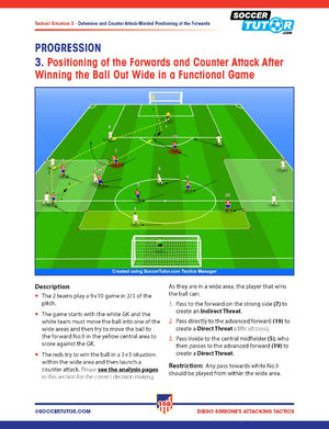 A SoccerTutor tactics page from Diego Simeone Defending and Attacking Tactics: Tactical Analysis and Sessions from Atlético Madrid’s 4-4-2 - 2 Book Bundle shows player positions, movement arrows, and steps for wide-area counter attacks in a functional game.