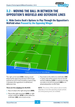 SoccerTutor’s Coaching 3-5-2 Tactics - 125 Tactical Solutions and Practices features a diagram where the RCB can pass to DM, CM, or LWB under pressure, with text explaining ways to advance past the opponent’s midfield line.