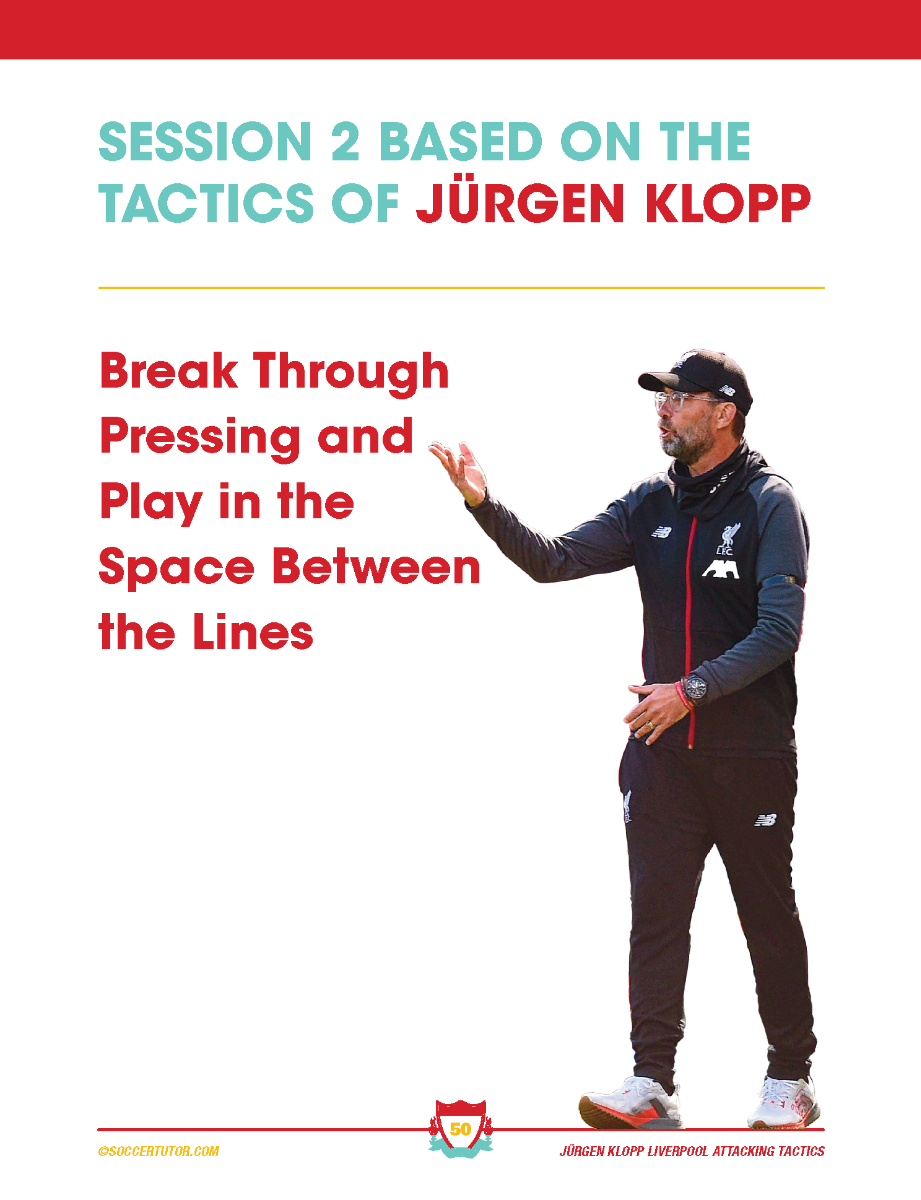 A cover page with Jürgen Klopp gesturing, text: Session 2 Based on the Attacking Tactics of Jürgen Klopp. Features Liverpool FC logo. Product: Jürgen Klopp Liverpool Attacking Tactics by SoccerTutor—analysis and sessions to practice Klopps 4-3-3.